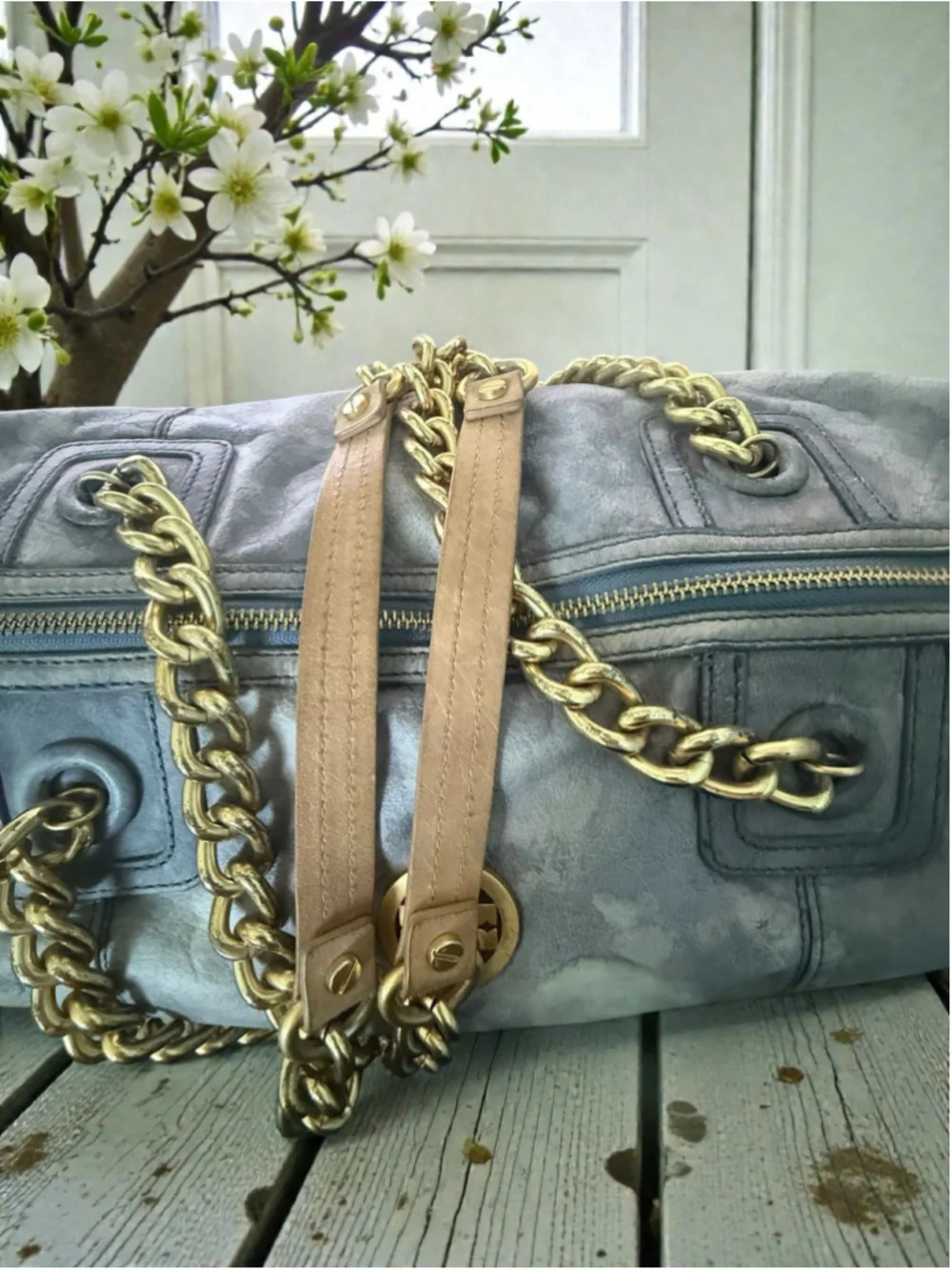 Custom Restyled Tory Burch McClane Soft Leather Blue CHAIN STRAP Shoulder Bag w/